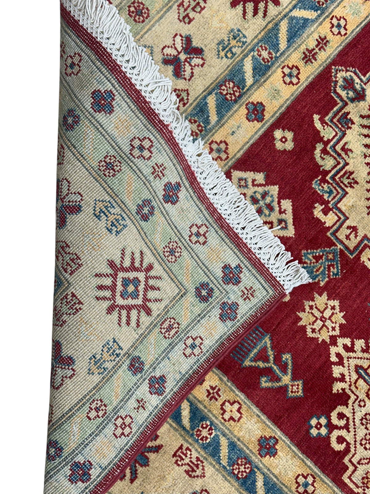 Afghan Kazak Rug 5'8" x 7'11", Hand-Knotted Wool, Cream & Red, view 3