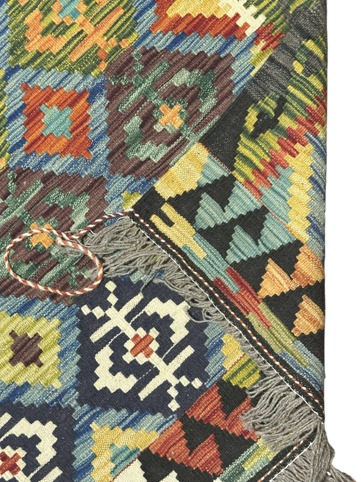 Afghan Kilim Rug 4x6, Olive Green, Navy & Teal, Hand-Woven Wool Flatweave, view 3